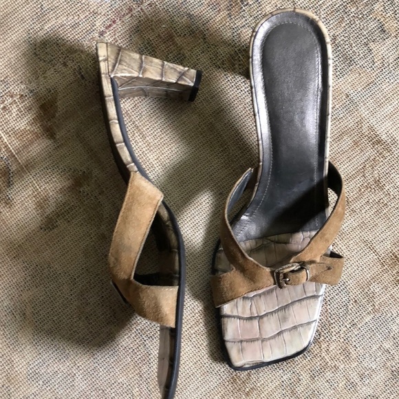 🛍️Square toe⚡️leather/faux croc slide neutral tan leather sandal sz 10 - Picture 6 of 6